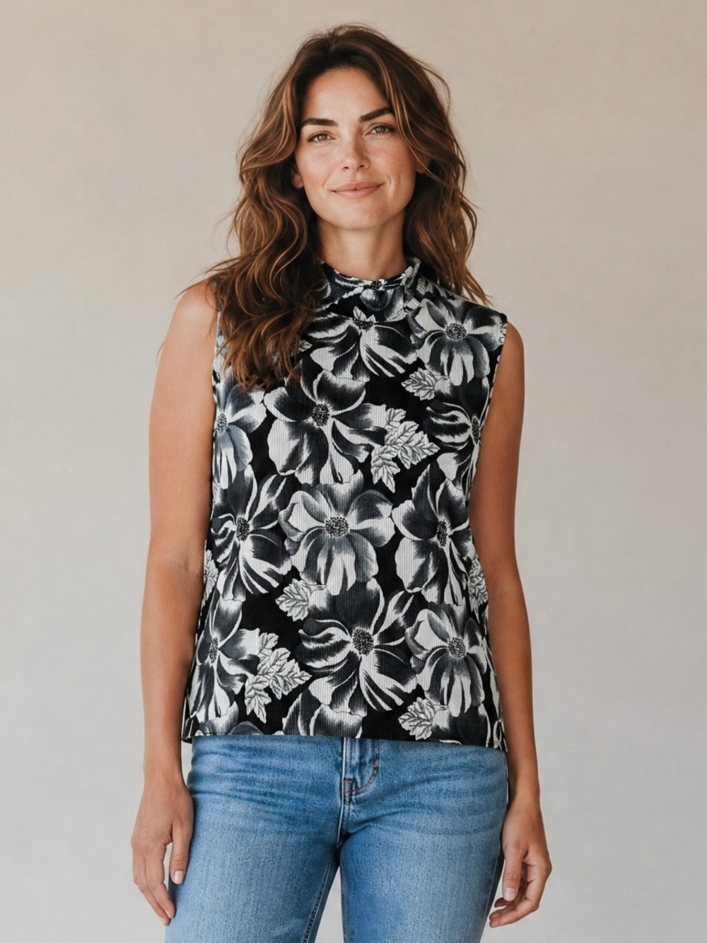 Vintage Claudia Richard Pleated Floral Mock Neck Sleeveless Top Size L